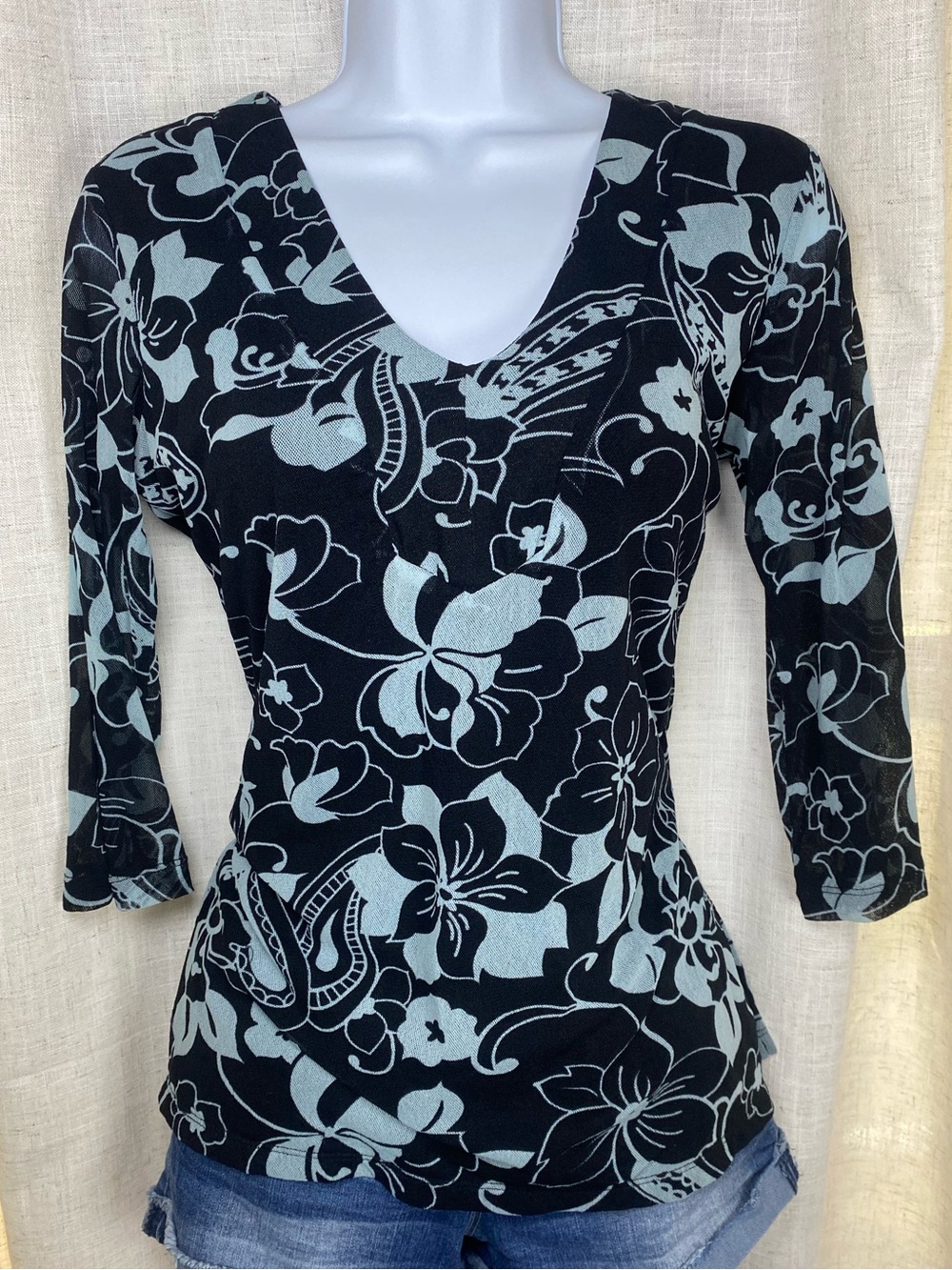 Vintage Y2K INC Floral Mesh Overlay V-Neck Top Whimsigoth Dark Romance
